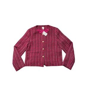 J. Crew Pink Tweed Cropped Jacket Women's Size 10 Gold Button Collarless Blazer